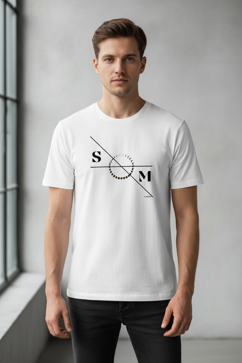 White cotton T-shirt by flyliving, featuring a black 'moon phases' design with 'S' and 'M' letters, worn by a man.