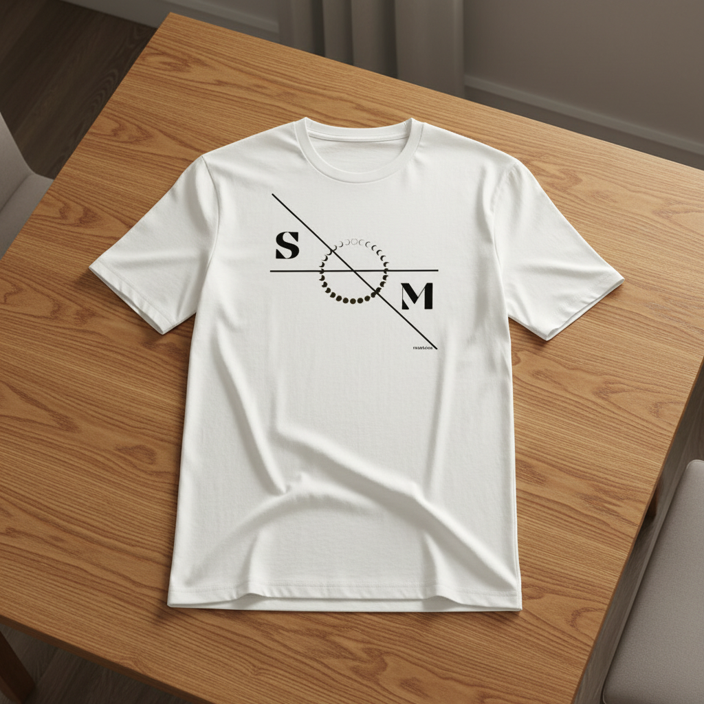 White cotton T-Shirt by flyliving, featuring a black 'S M' and moon phases graphic, laid flat on a wooden table.