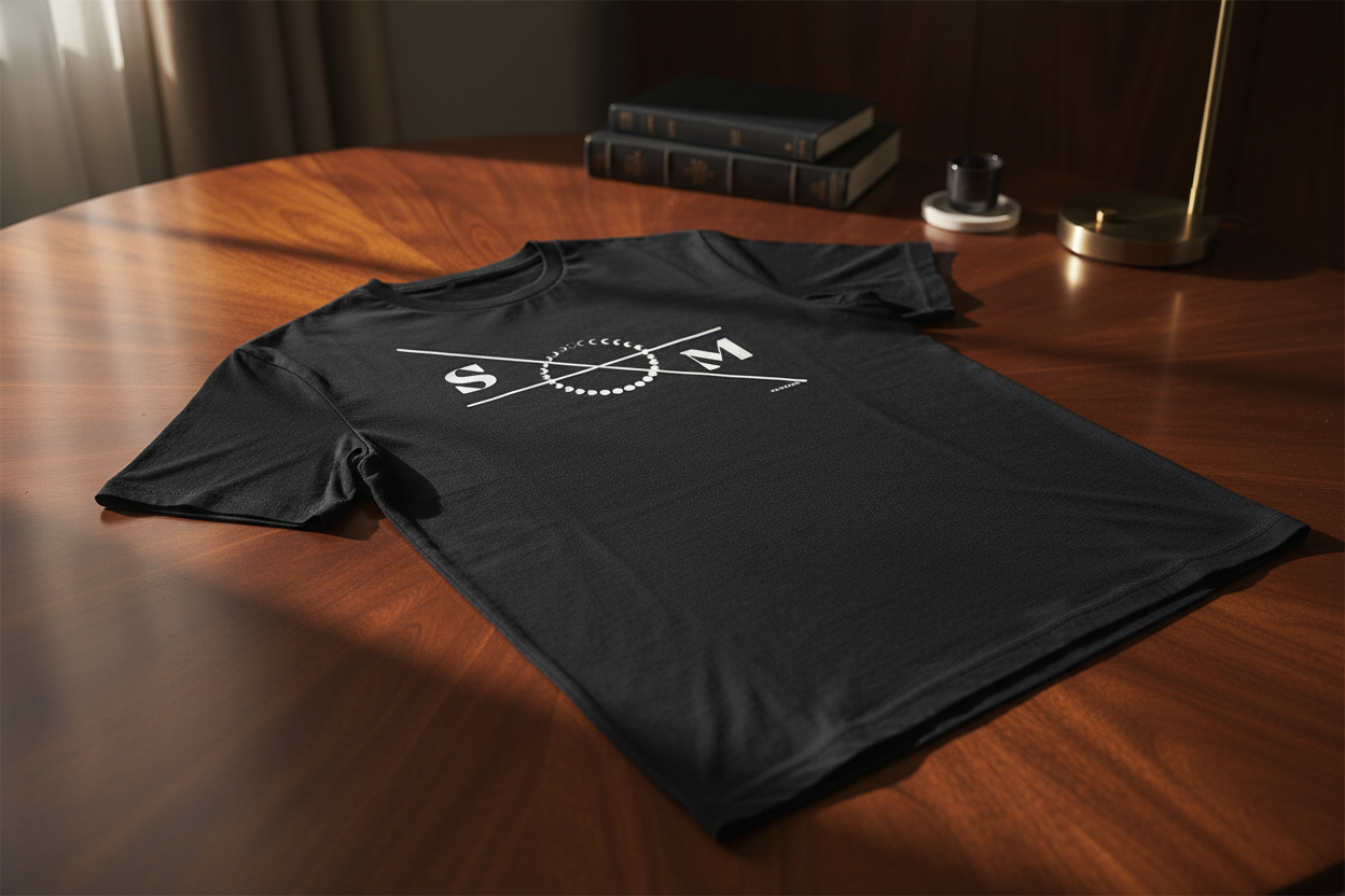 Black 100% cotton unisex T-shirt by flyliving featuring a white moon phases graphic, laid flat on a dark wood table.