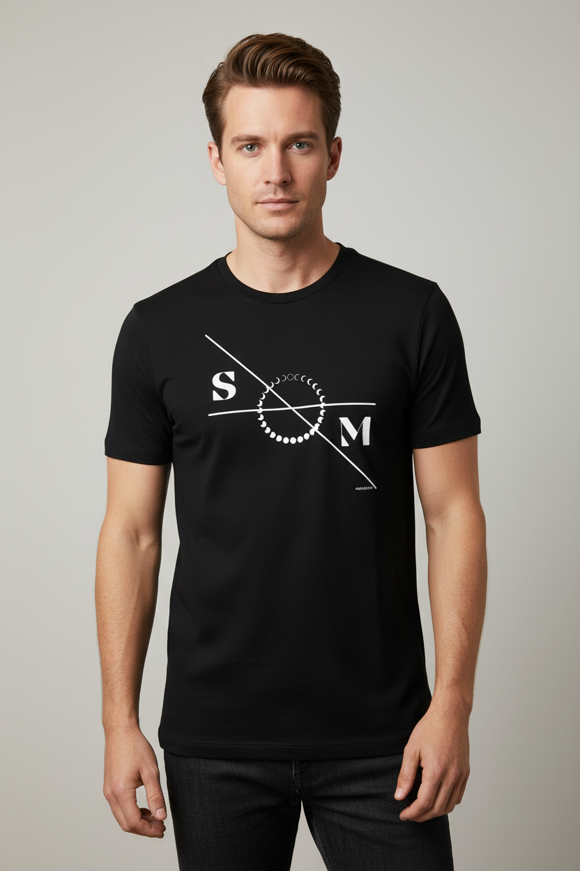 Unisex black 100% cotton T-shirt by flyliving with a white graphic featuring 'S', 'M', moon phases, and diagonal lines, worn by a male model.