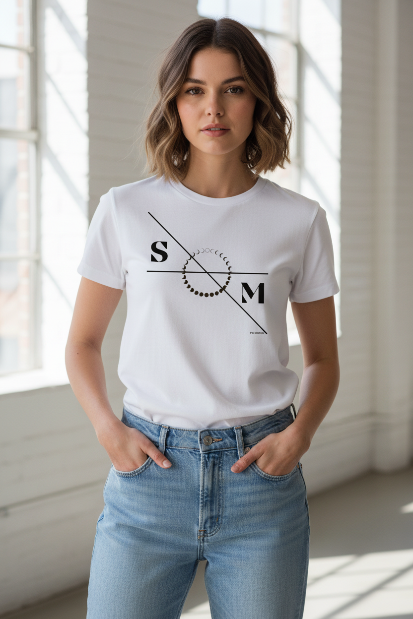 Unisex white cotton T-Shirt with moon phases, S, and M graphic by flyliving, worn with light blue jeans.