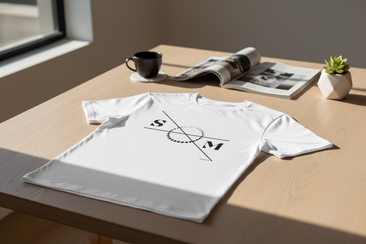 White cotton unisex T-shirt by flyliving featuring a black moon phases and 'SXM' graphic, displayed on a wooden table with a coffee cup and magazine.