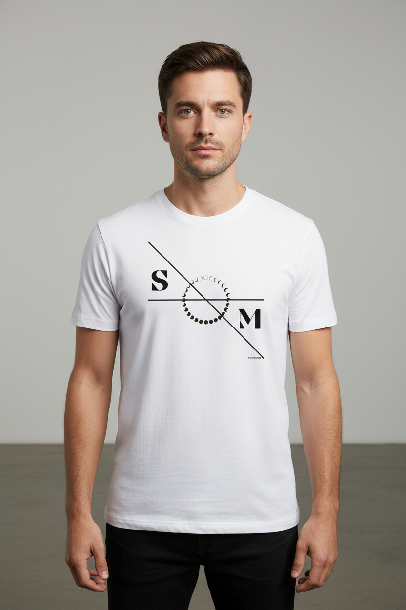 White cotton T-shirt by flyliving with a black graphic of 'S' and 'M' letters, lines, and moon phase circles, worn by a man.