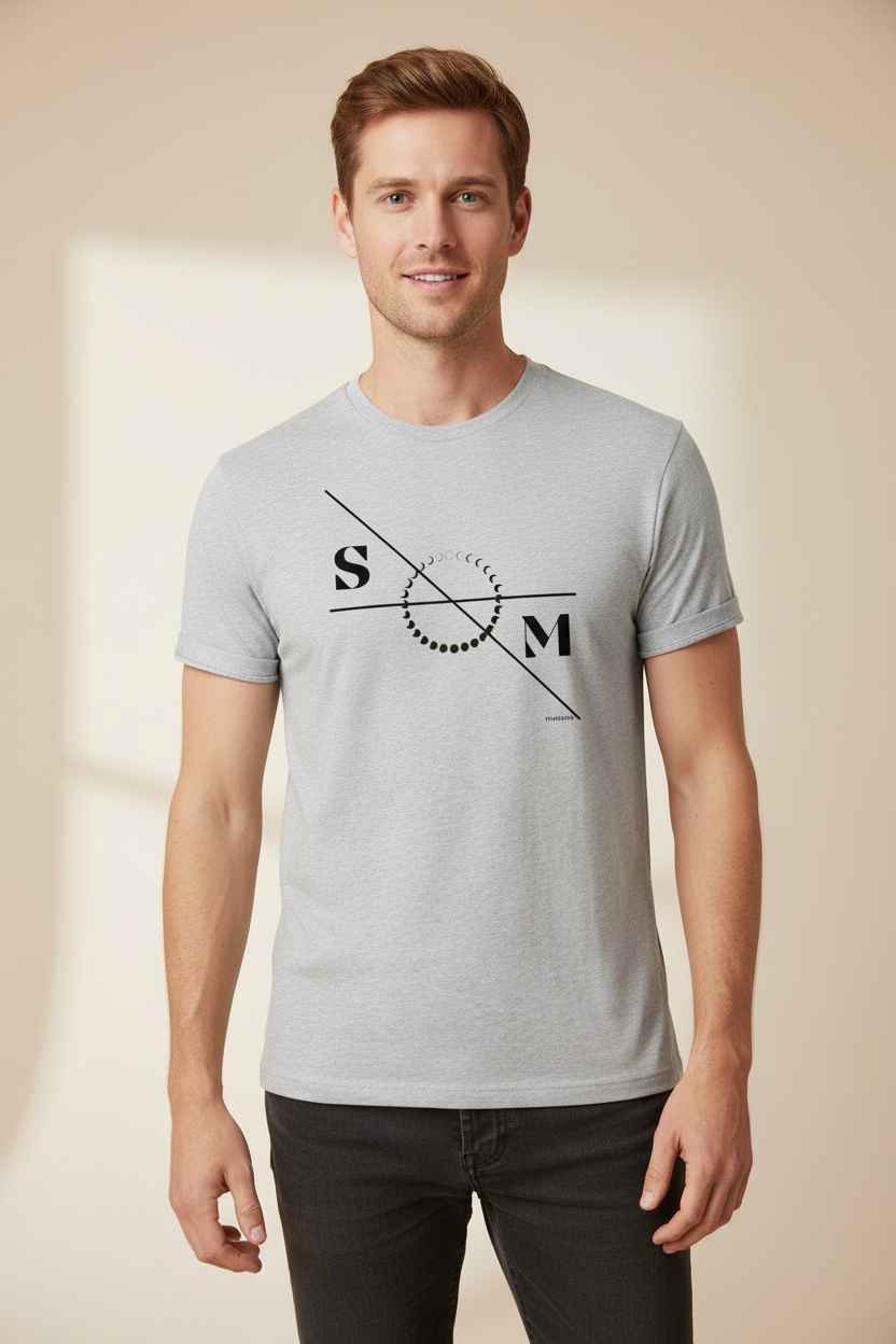 Grey unisex cotton T-shirt by flyliving with a black moon phases and "S M" graphic design, worn by a man.