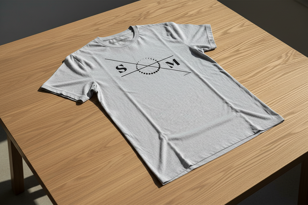 Unisex grey cotton T-shirt by flyliving featuring a black S-M graphic with crossed lines and a circle showing moon phases, laid flat on a wooden table.