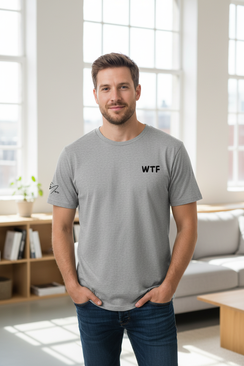 Grey unisex t-shirt by flyliving with black 'WTF' text on chest and a black signature graphic on the left sleeve.