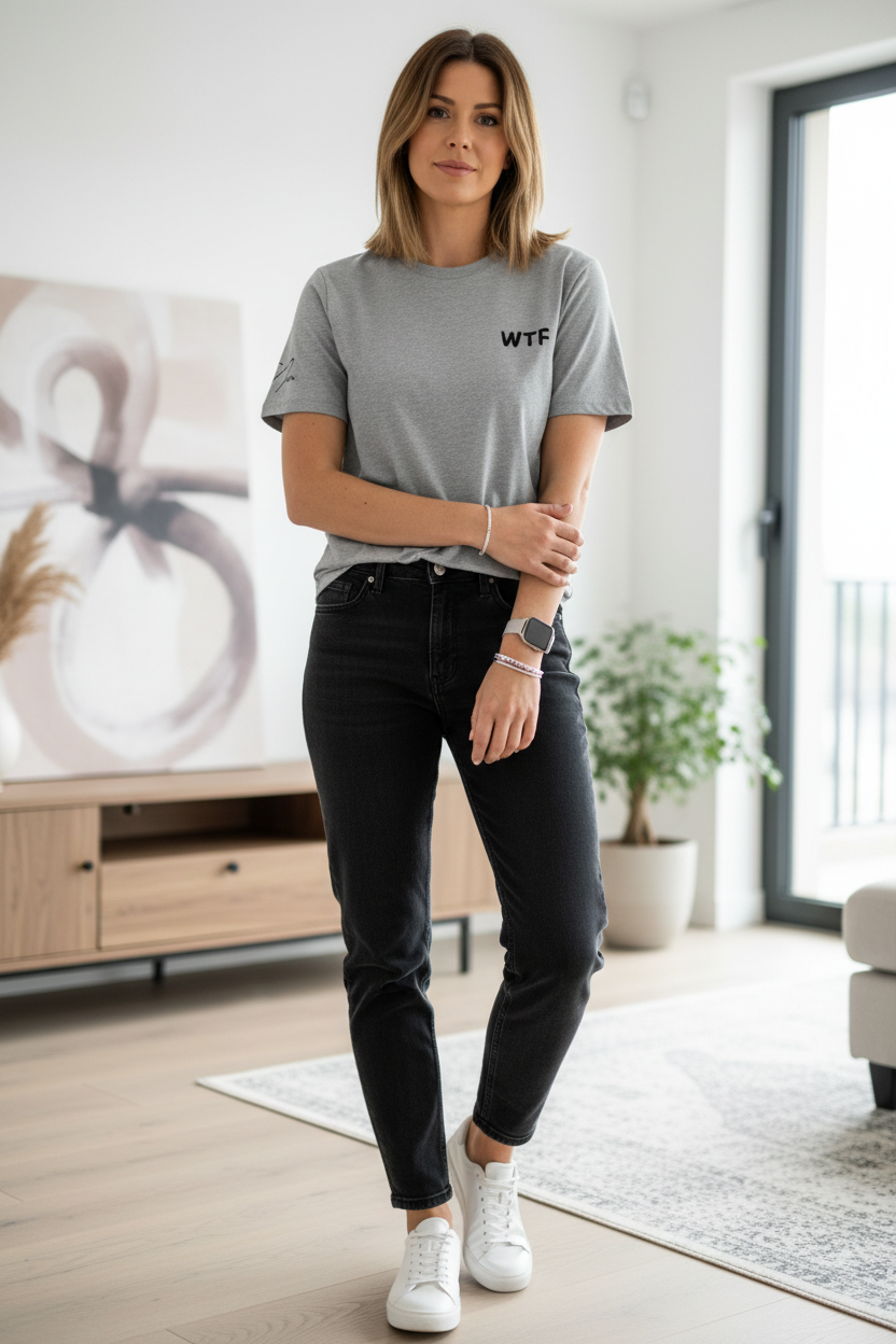 Grey short-sleeved T-shirt by flyliving with "WTF" graphic print, styled with black jeans.