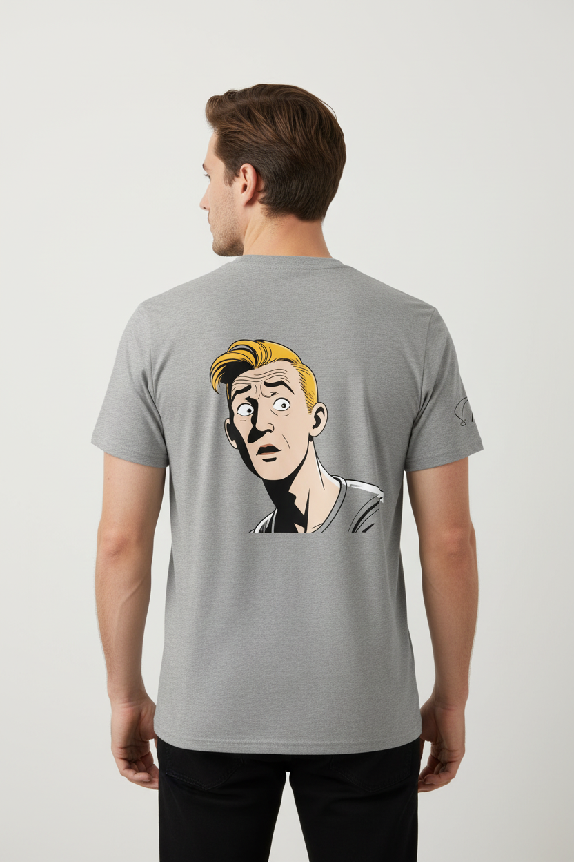 Grey unisex t-shirt with a retro comic graphic print by flyliving, featuring a surprised man on the back.