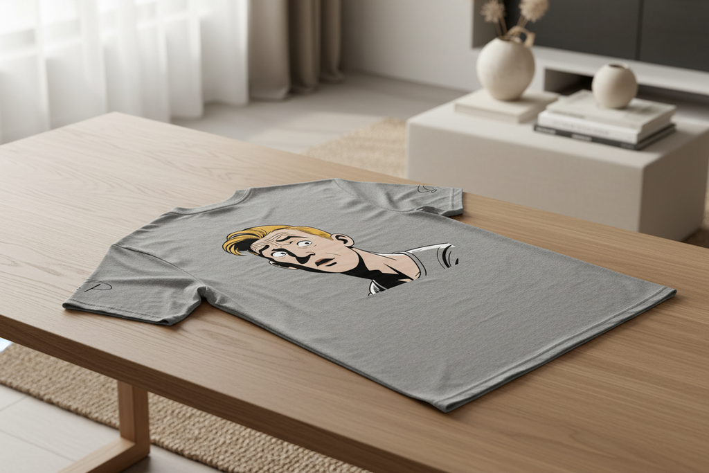 Unisex light gray t-shirt by flyliving with a retro comic print of a surprised blonde man, laid flat on a wooden table.