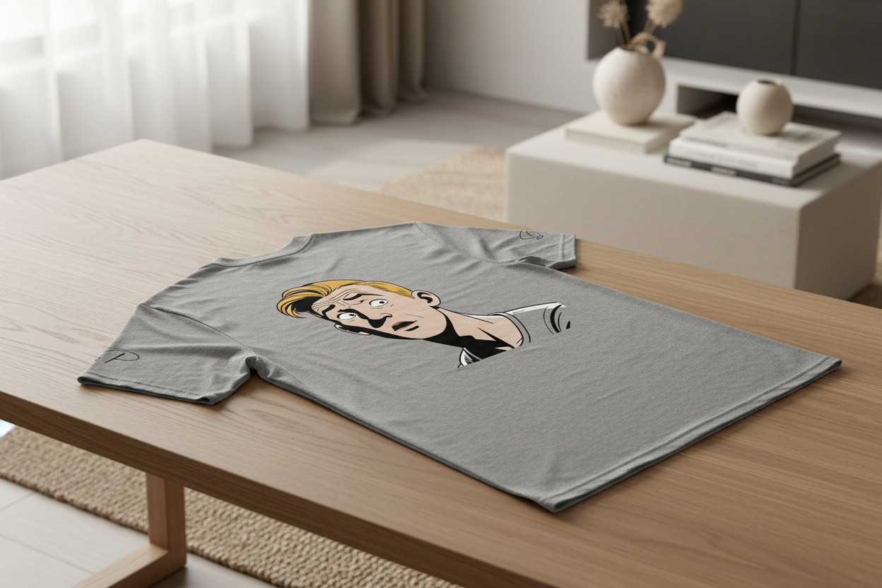 Unisex light gray t-shirt by flyliving with a retro comic print of a surprised blonde man, laid flat on a wooden table.