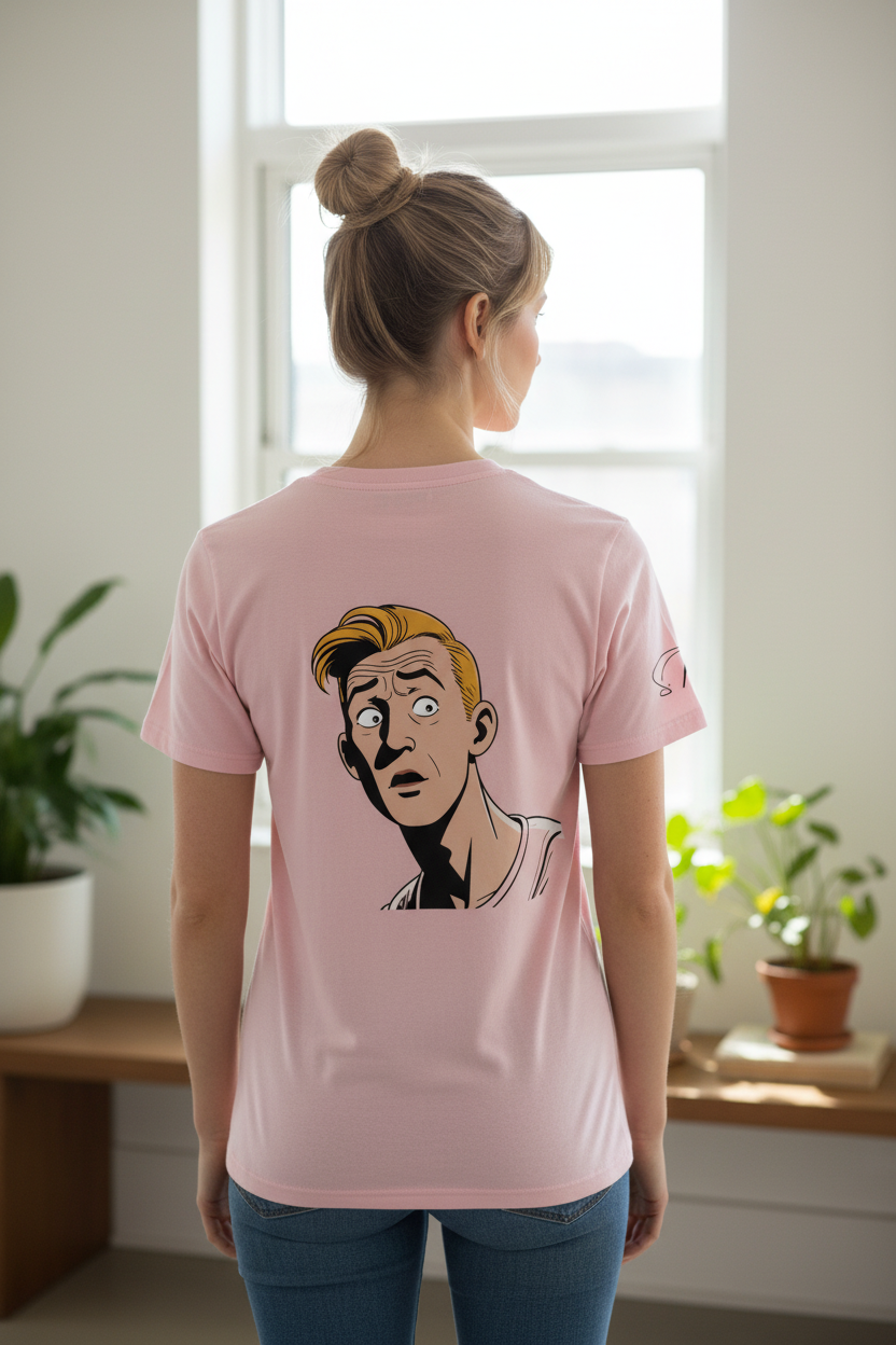 Pink unisex t-shirt by flyliving featuring a retro comic graphic of a surprised blonde man, seen from behind on a woman.