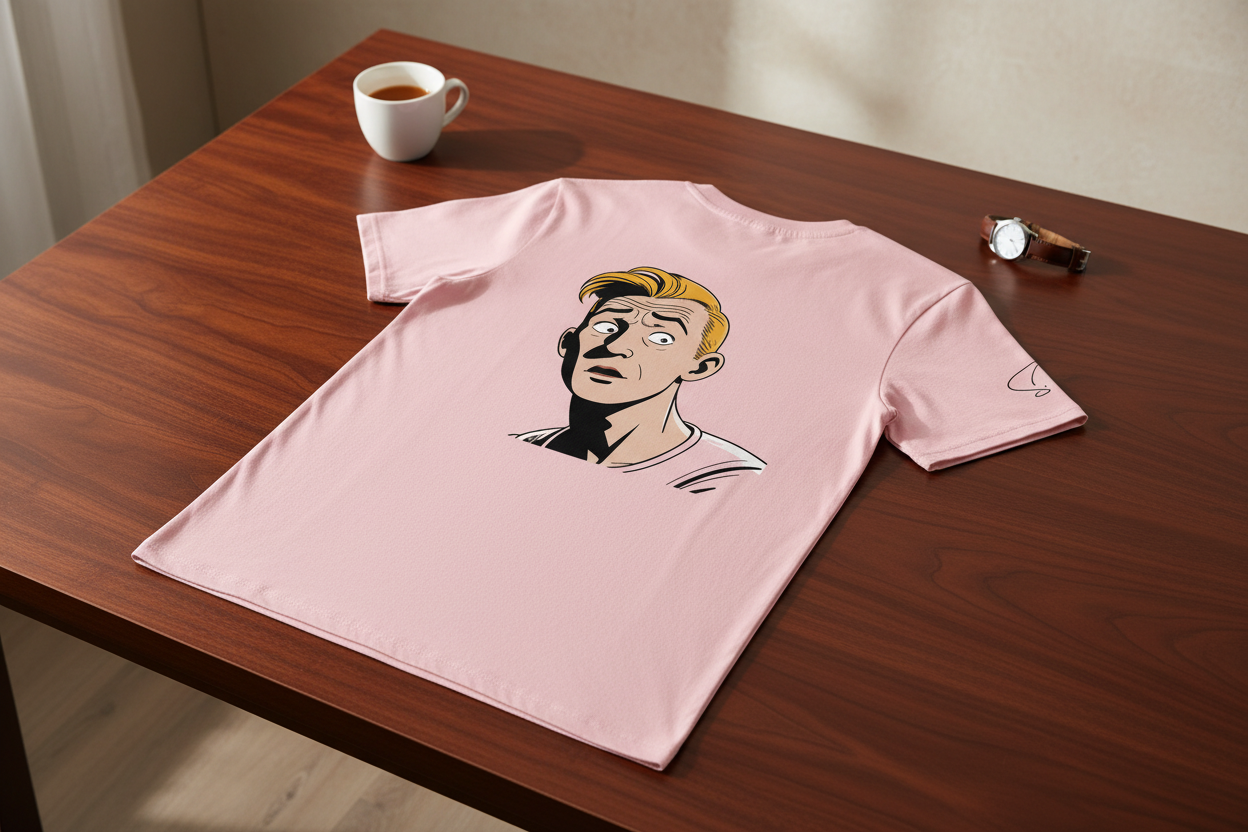 Pink unisex T-shirt with a retro comic graphic of a surprised blonde man by flyliving, laid flat on a dark wooden table.