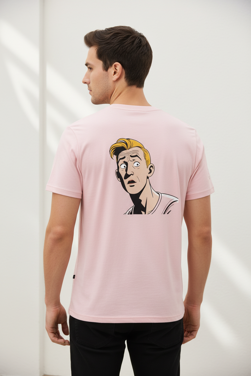 Pink unisex T-shirt by flyliving with a retro comic graphic print of a surprised blonde man on the back.