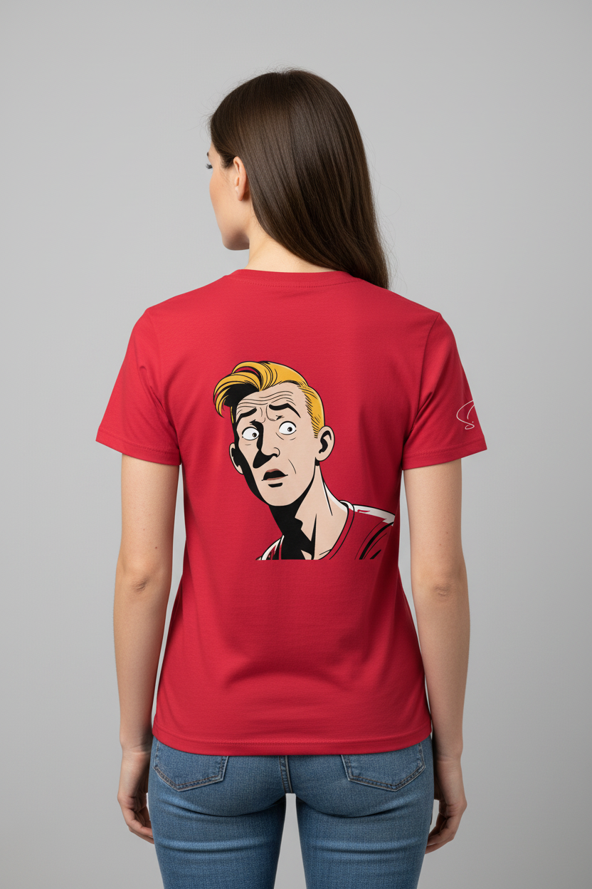 Red unisex T-shirt by flyliving with a retro comic graphic print of a surprised blonde man, seen from the back.