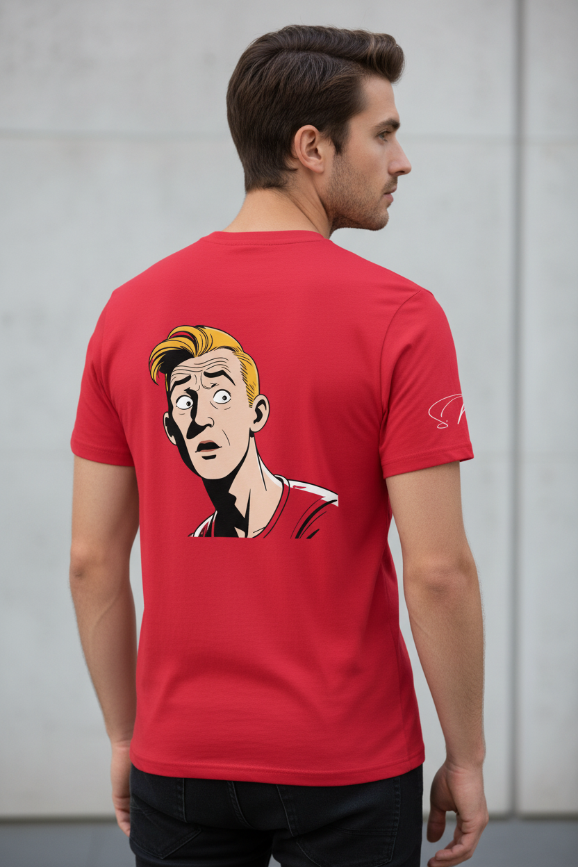 Red Unisex T-Shirt by flyliving featuring a retro comic graphic of a shocked blonde man on the back, with a white signature on the sleeve.