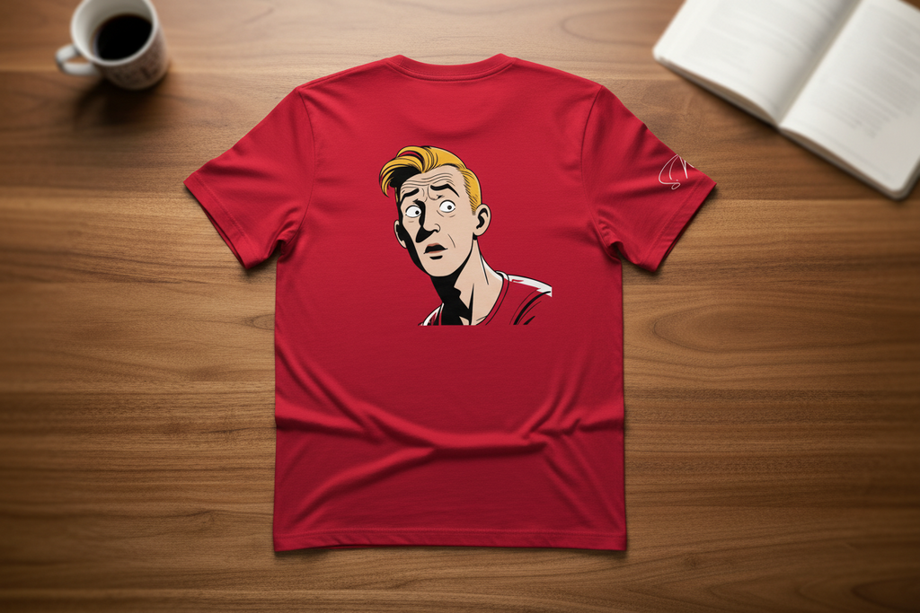 Red unisex T-shirt by flyliving featuring a retro comic print of a surprised man on the back, flat lay.