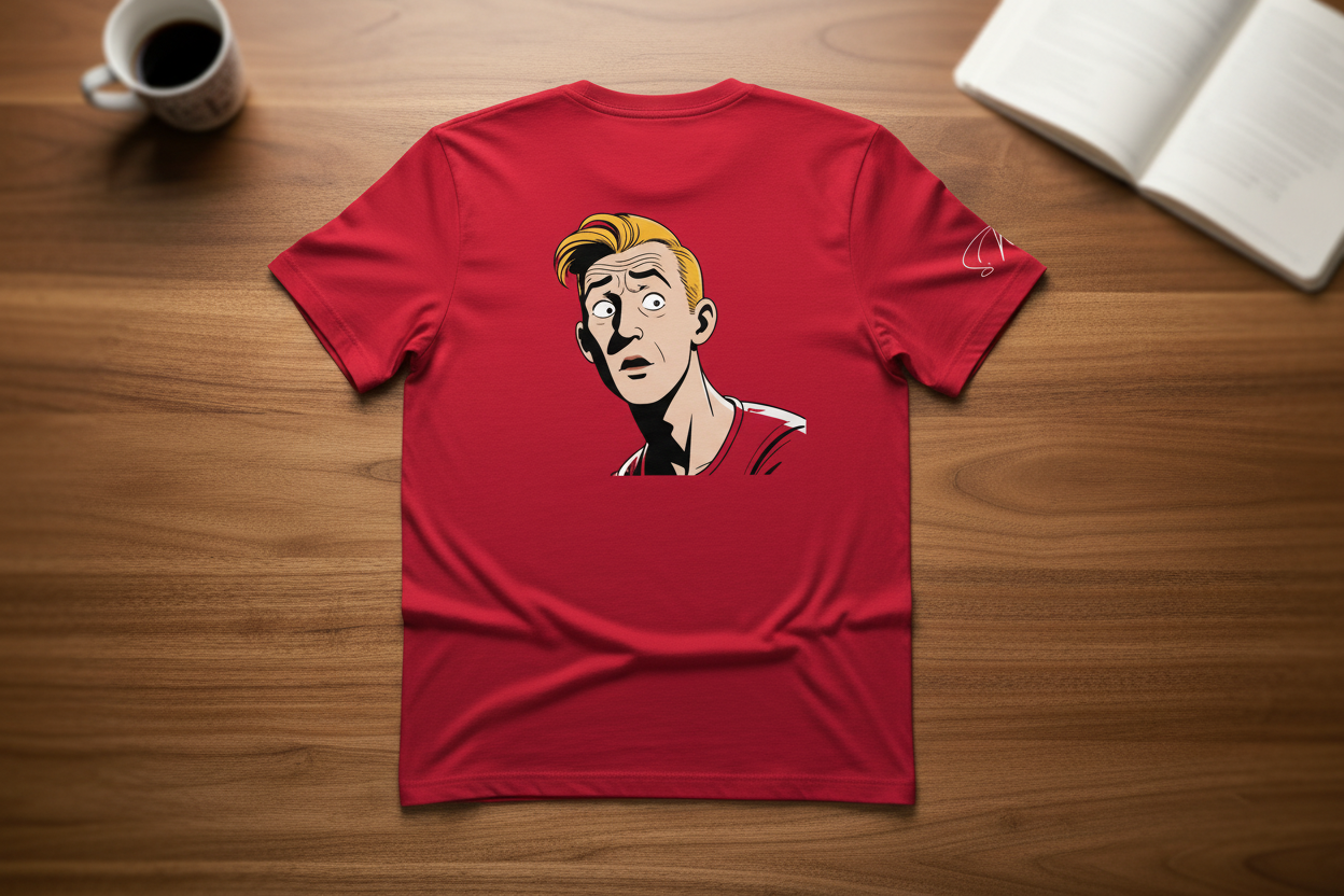Red unisex T-shirt by flyliving featuring a retro comic print of a surprised man on the back, flat lay.