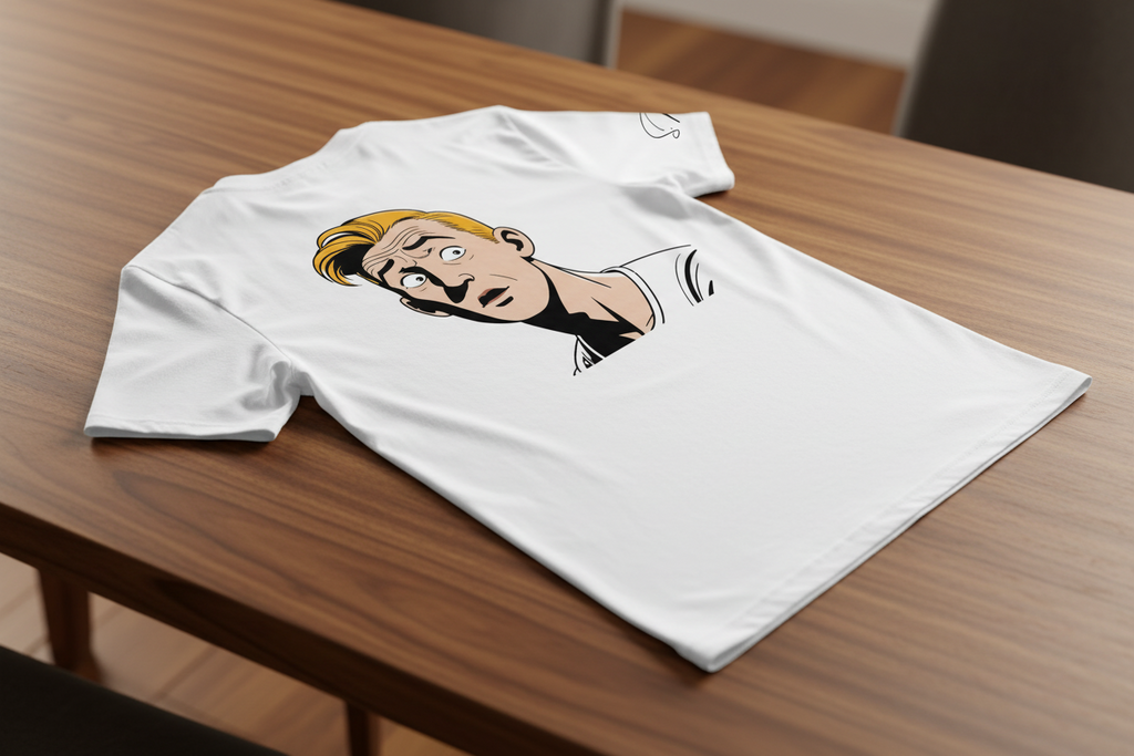 Unisex white T-shirt by flyliving with a retro comic graphic of a surprised man, laid flat on a wooden table.