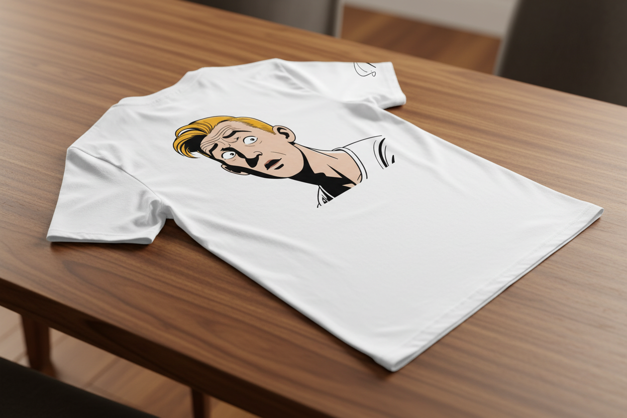 Unisex white T-shirt by flyliving with a retro comic graphic of a surprised man, laid flat on a wooden table.