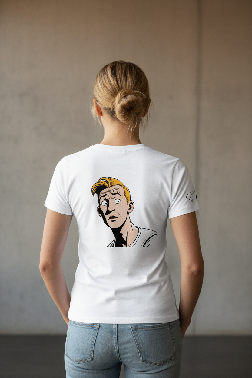 White unisex T-shirt by flyliving with a retro comic graphic print on the back, worn by a woman facing away.