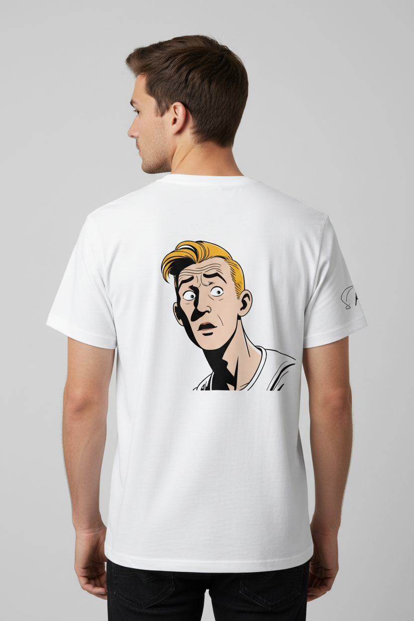 Unisex white T-shirt by flyliving, featuring a retro comic graphic print of a surprised blonde man on the back, worn by a male model.