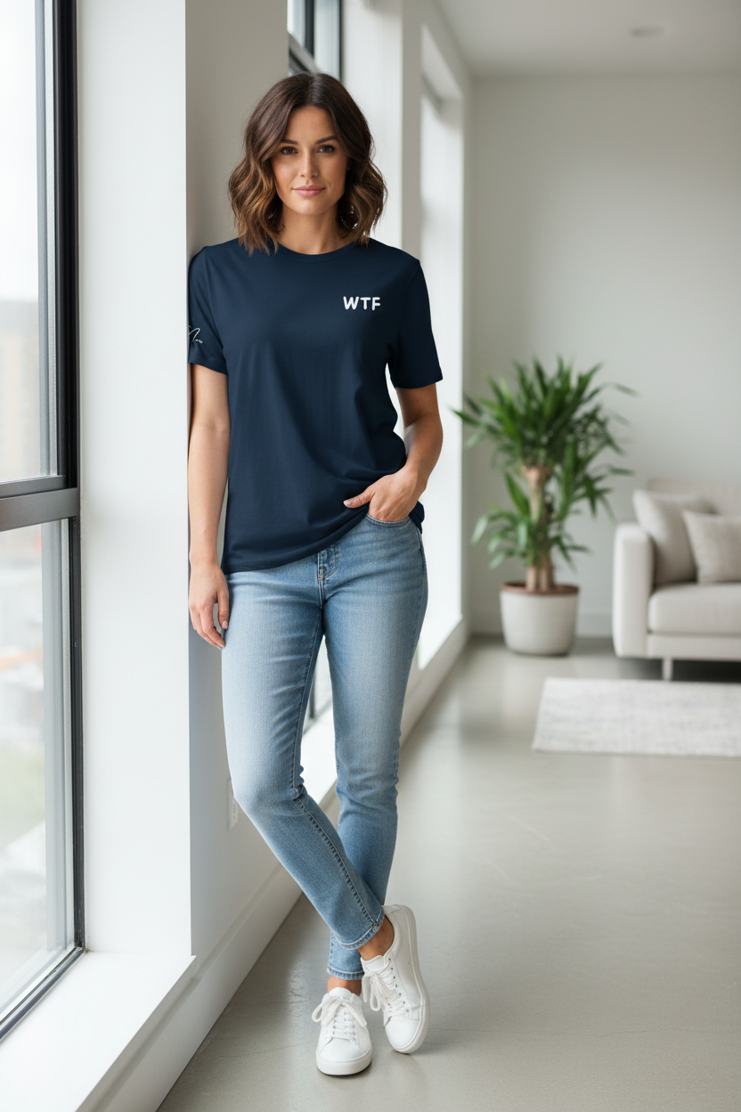 Navy blue Unisex T-Shirt with white 'WTF' text graphic print by flyliving, worn by a woman with light wash jeans and white sneakers.
