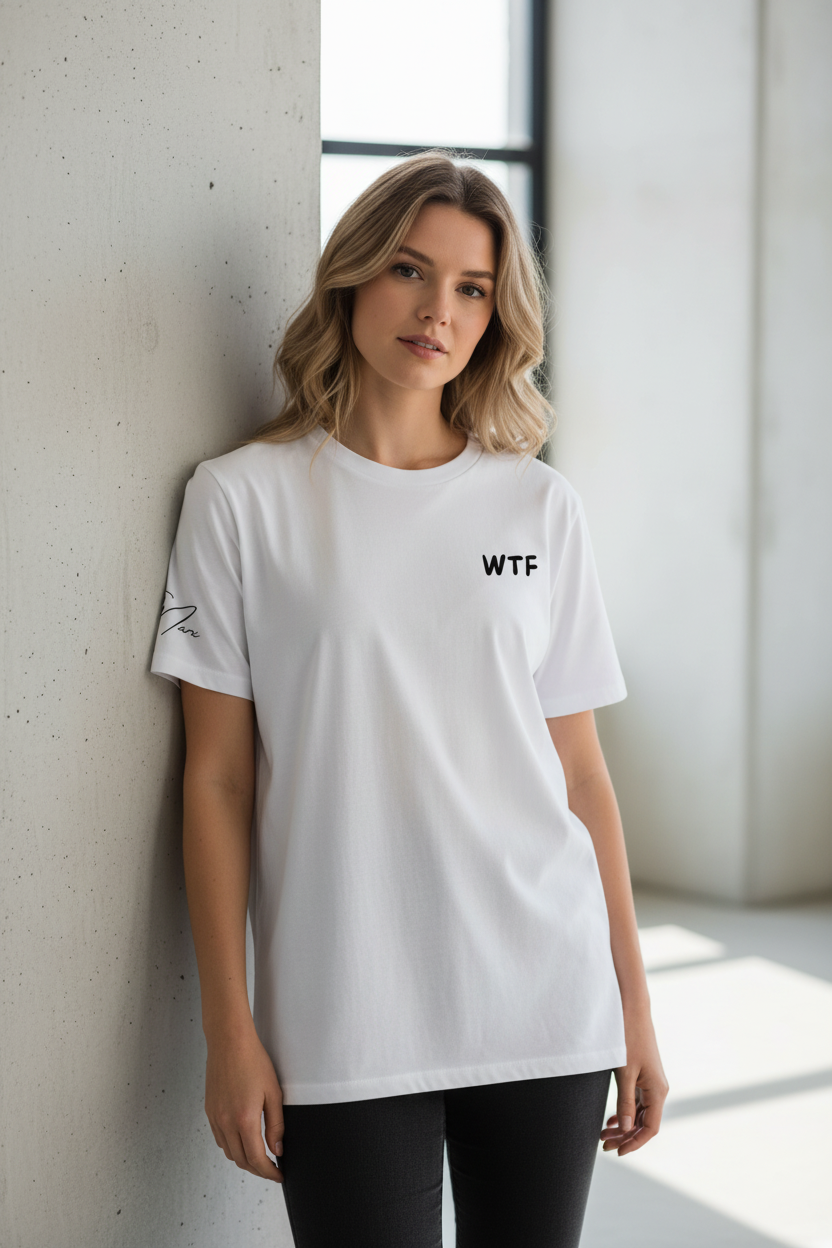 White unisex t-shirt with a retro comic graphic print from flyliving, displaying 'WTF' on the chest and script on the sleeve.