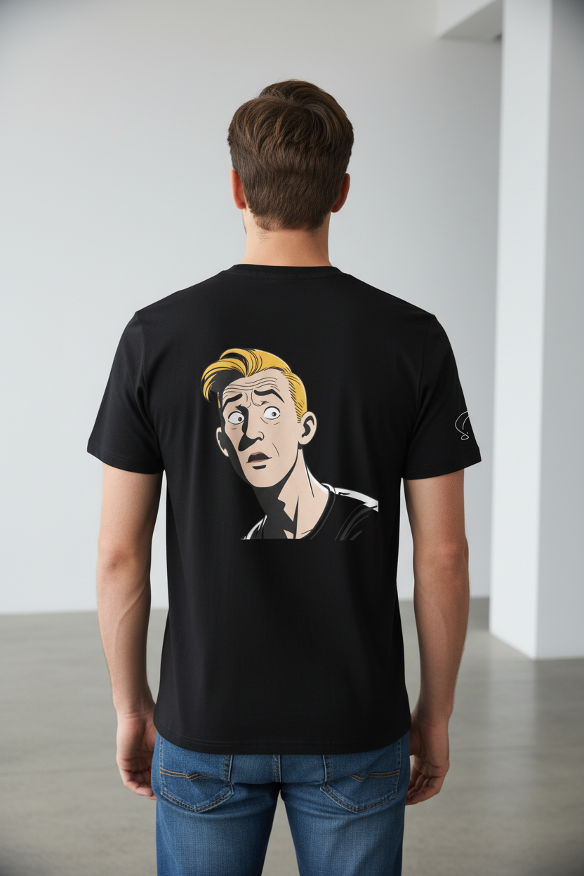 Black Unisex T-shirt by flyliving featuring a retro comic graphic print of a surprised blonde man on the back.