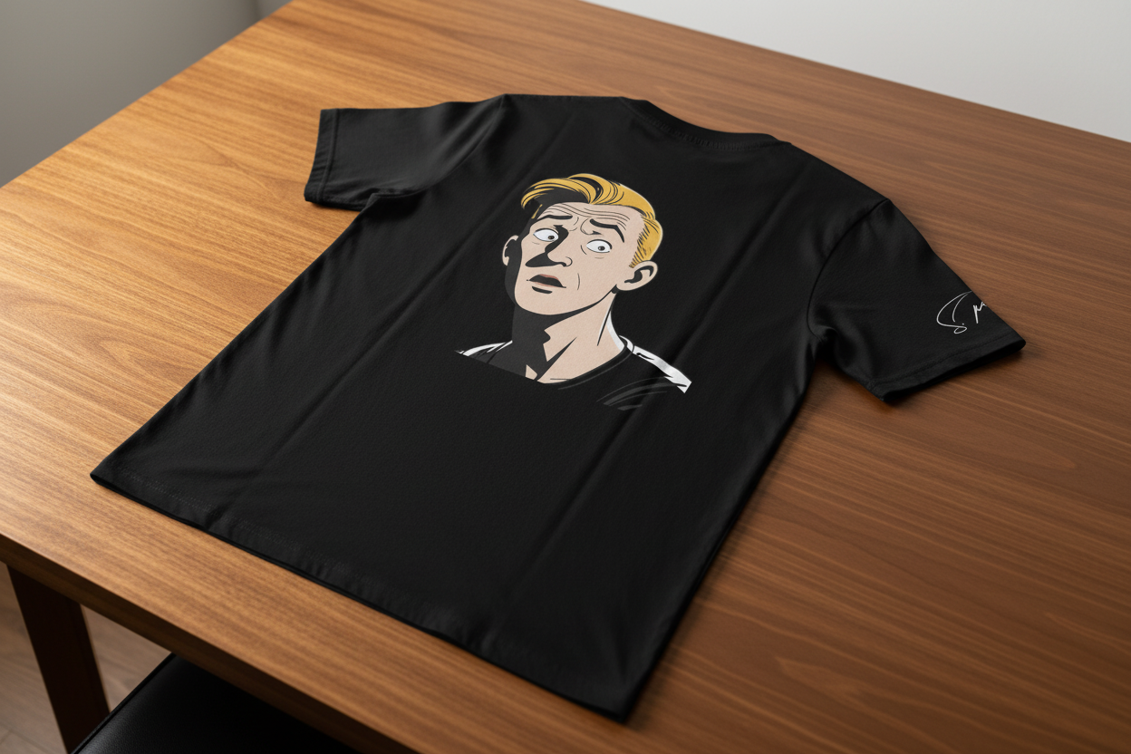 Black unisex t-shirt by flyliving featuring a retro comic graphic print of a surprised blonde man on the back, plus a white sleeve logo, laid flat.