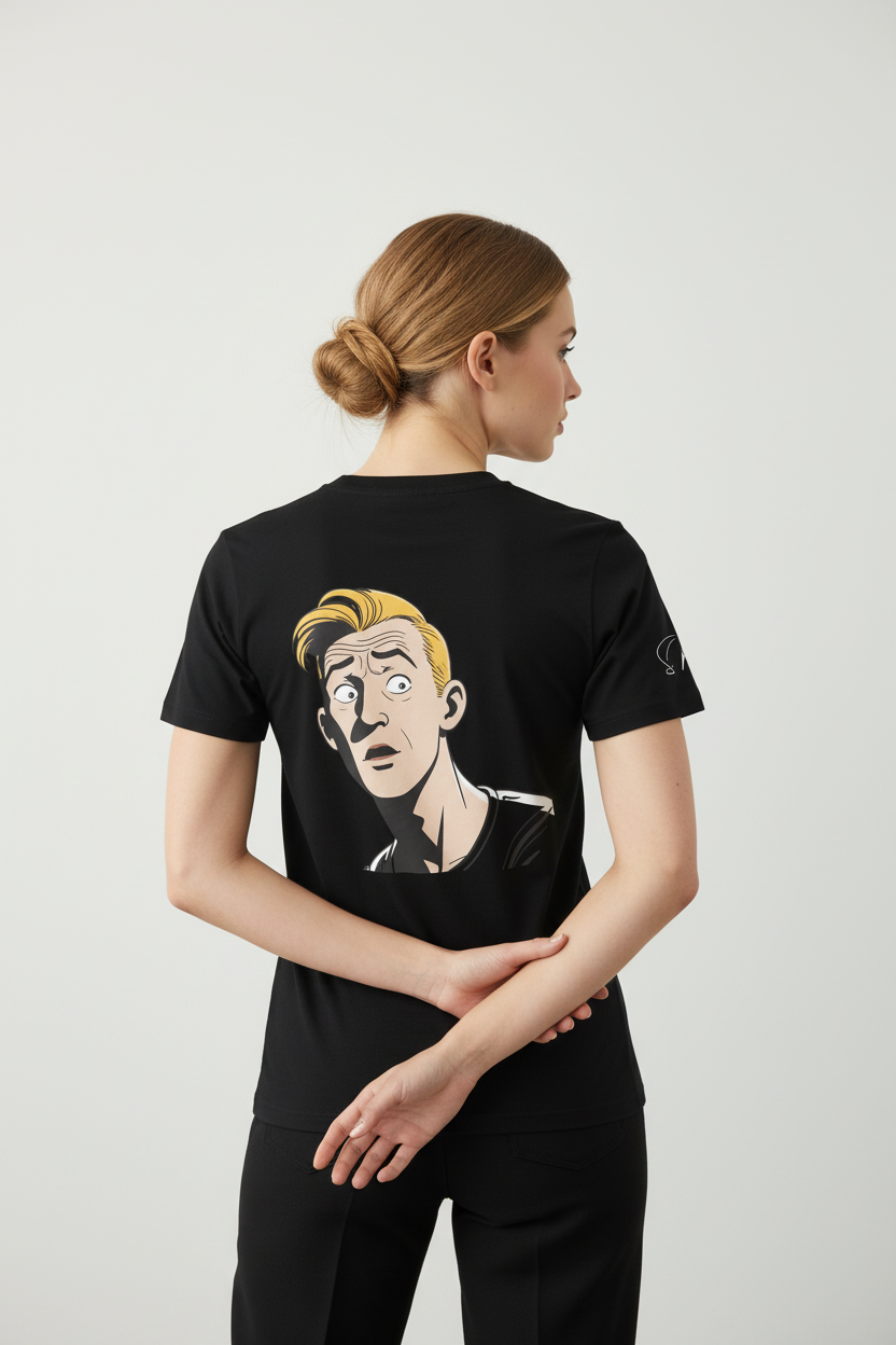 Unisex black T-shirt by flyliving with a retro comic graphic print featuring a surprised blonde man on the back, worn by a woman.