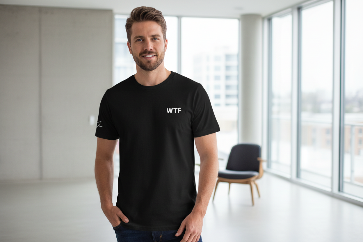 Black Unisex T-Shirt with a retro comic graphic print by flyliving, featuring 'WTF' on the chest and a sleeve logo, worn by a man.