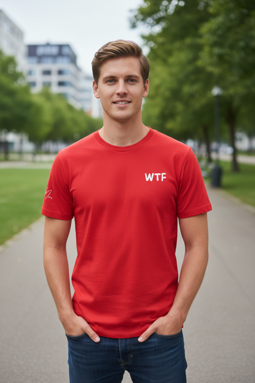 Red unisex t-shirt by flyliving with a white 'WTF' graphic on the chest and a small white design on the sleeve, worn by a man.