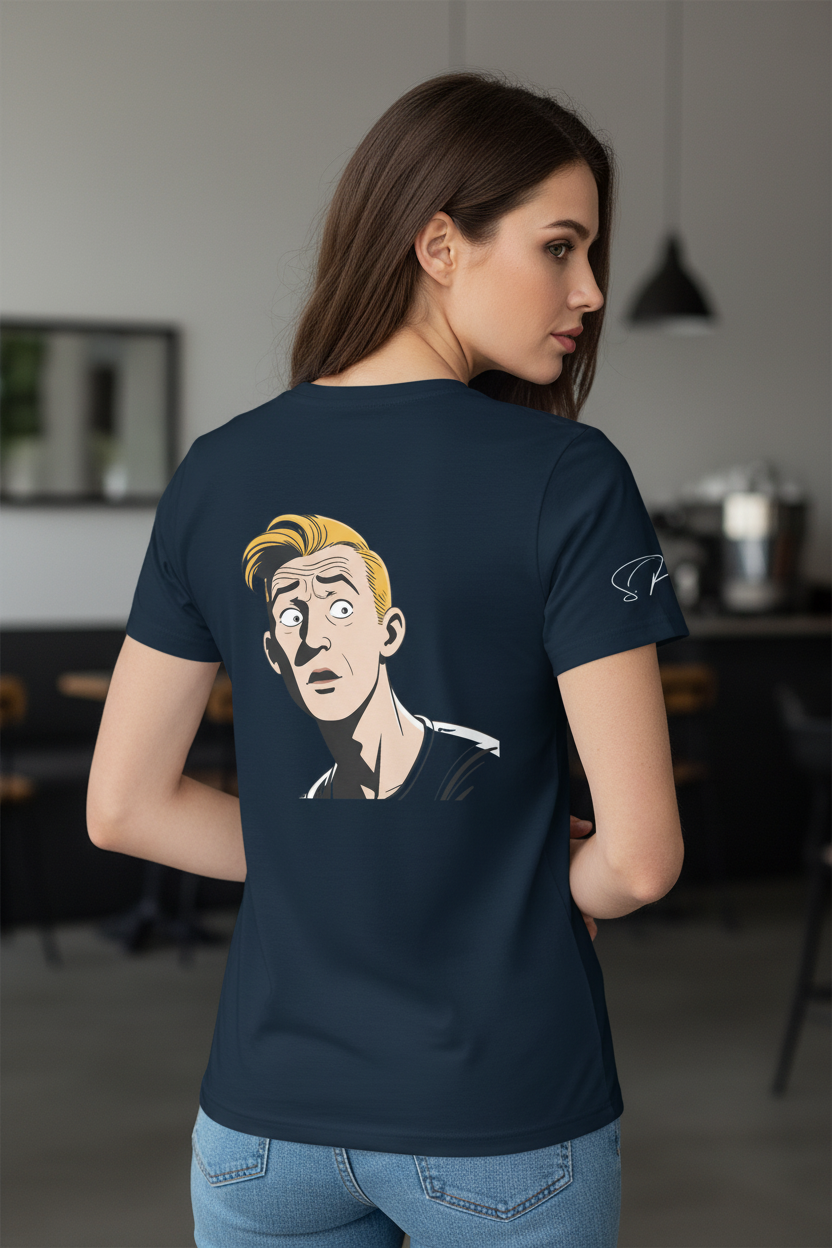 Dark blue unisex t-shirt by flyliving with a retro comic graphic print of a surprised blonde man, back view.