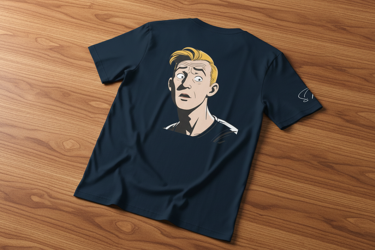 Unisex navy blue T-shirt by flyliving, featuring a retro comic graphic print of a surprised blonde man on the back, laid on a wooden surface.