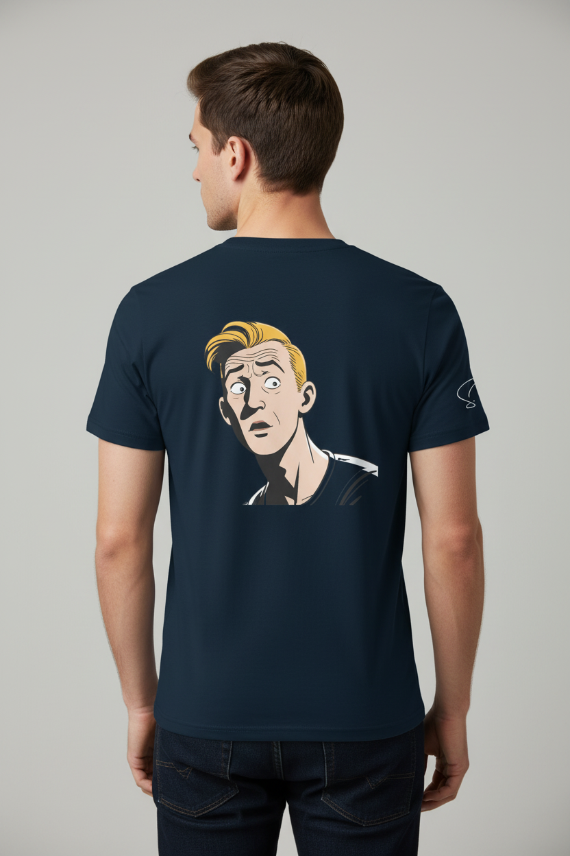 Dark blue Unisex T-shirt by flyliving with a retro comic graphic print of a surprised blonde man on the back and a white swirl logo on the left sleeve.