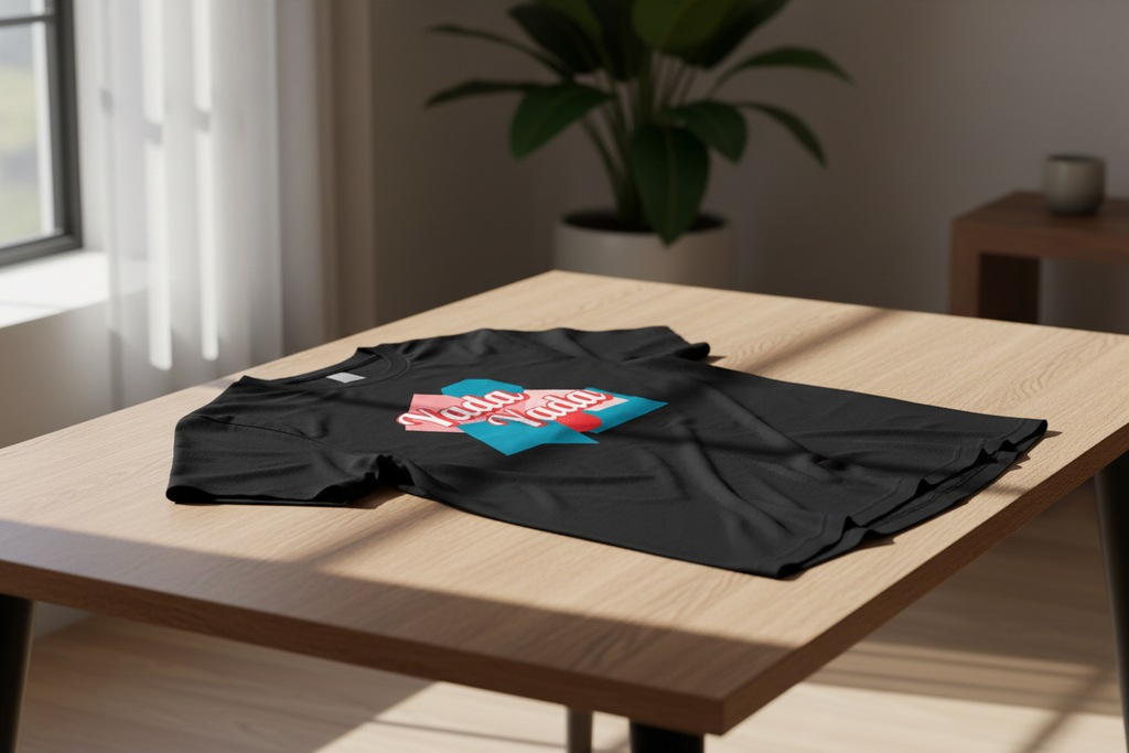 Black unisex T-shirt by flyliving featuring a pink and red "Yada Yada" graphic on a blue and pink geometric shape, lying on a wooden table.