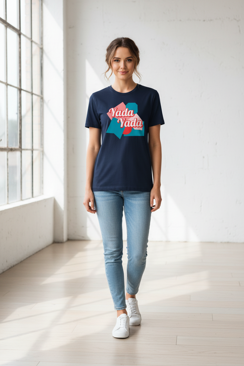 Navy blue Yada Yada T-shirt by flyliving, worn by a woman with jeans and white sneakers in a bright room.