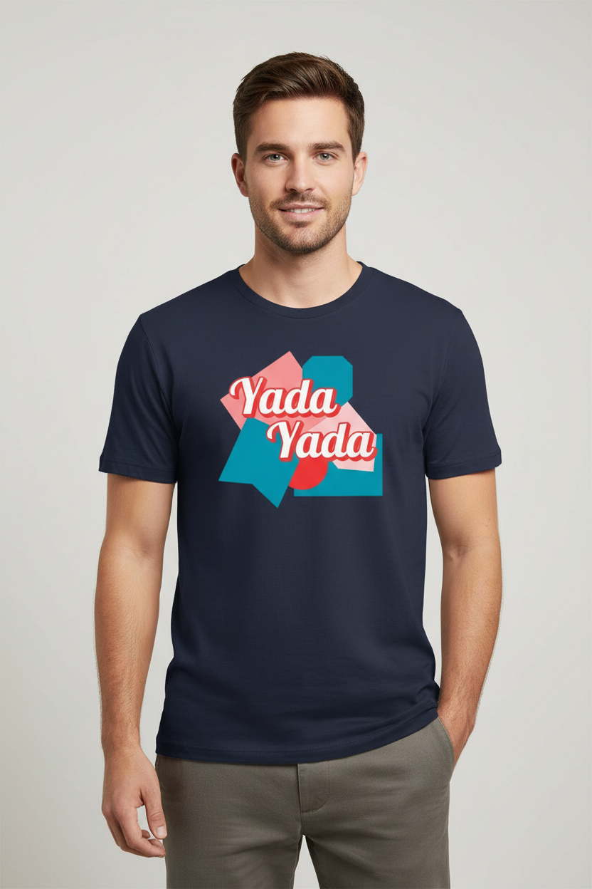 Navy blue T-shirt by flyliving featuring a 'Yada Yada' graphic with geometric shapes, modeled by a smiling man.