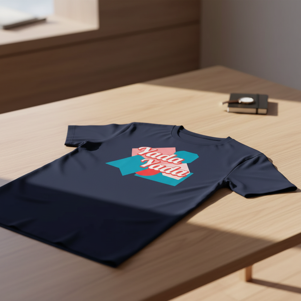 Dark blue T-shirt by flyliving featuring "Yada Yada" text on teal and pink shapes, laid flat on a wooden table.