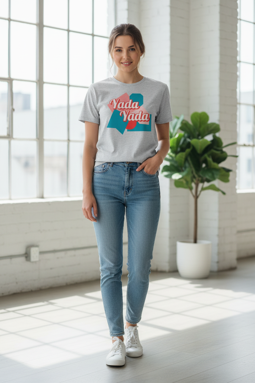 Grey T-shirt by flyliving with a red and teal 'Yada Yada' graphic, worn by a woman in light jeans and white sneakers.