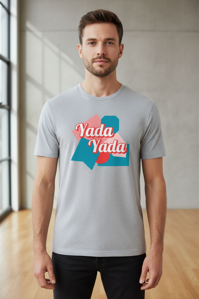 A light grey unisex T-shirt by flyliving with a double "Yada Yada" graphic on pink and teal geometric shapes, worn by a male model.