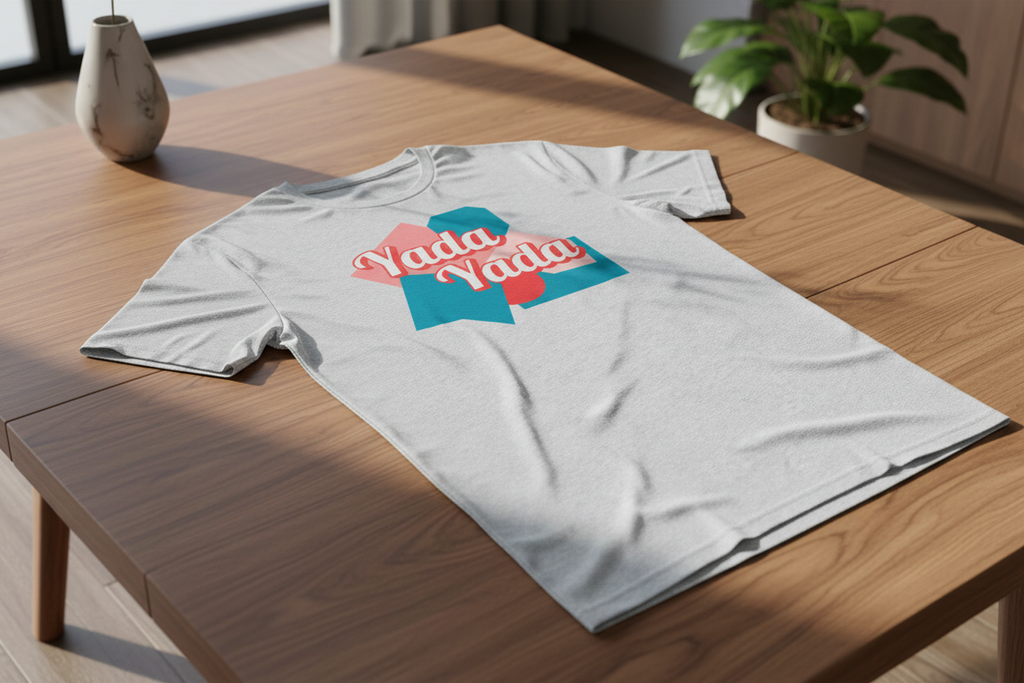 Unisex white T-shirt by flyliving with a vibrant 'Yada Yada' graphic in pink and teal, laid flat on a wooden table.