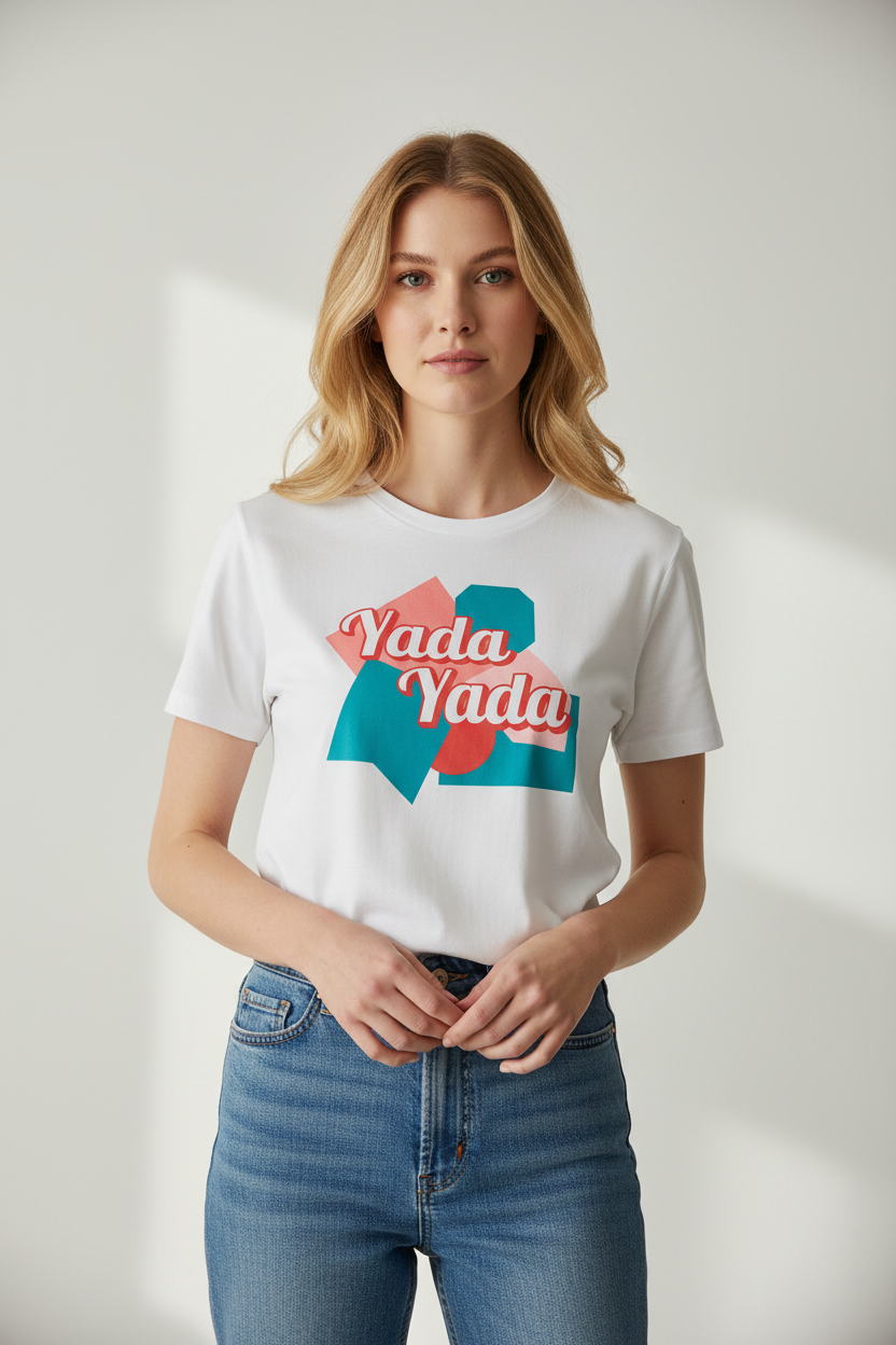 White Yada Yada T-Shirt by flyliving, with retro pink, red, and teal geometric shapes, worn by a woman in blue jeans.