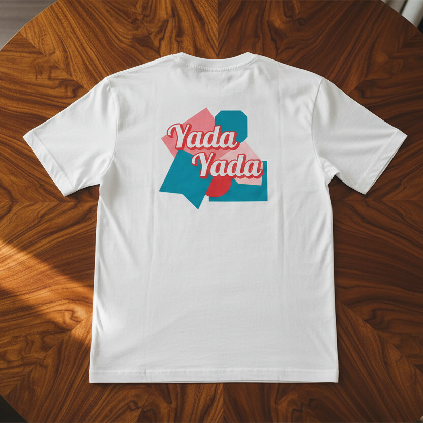White T-shirt by flyliving, featuring "Yada Yada" text and geometric shapes in pink, red, and blue on the back, laid flat.