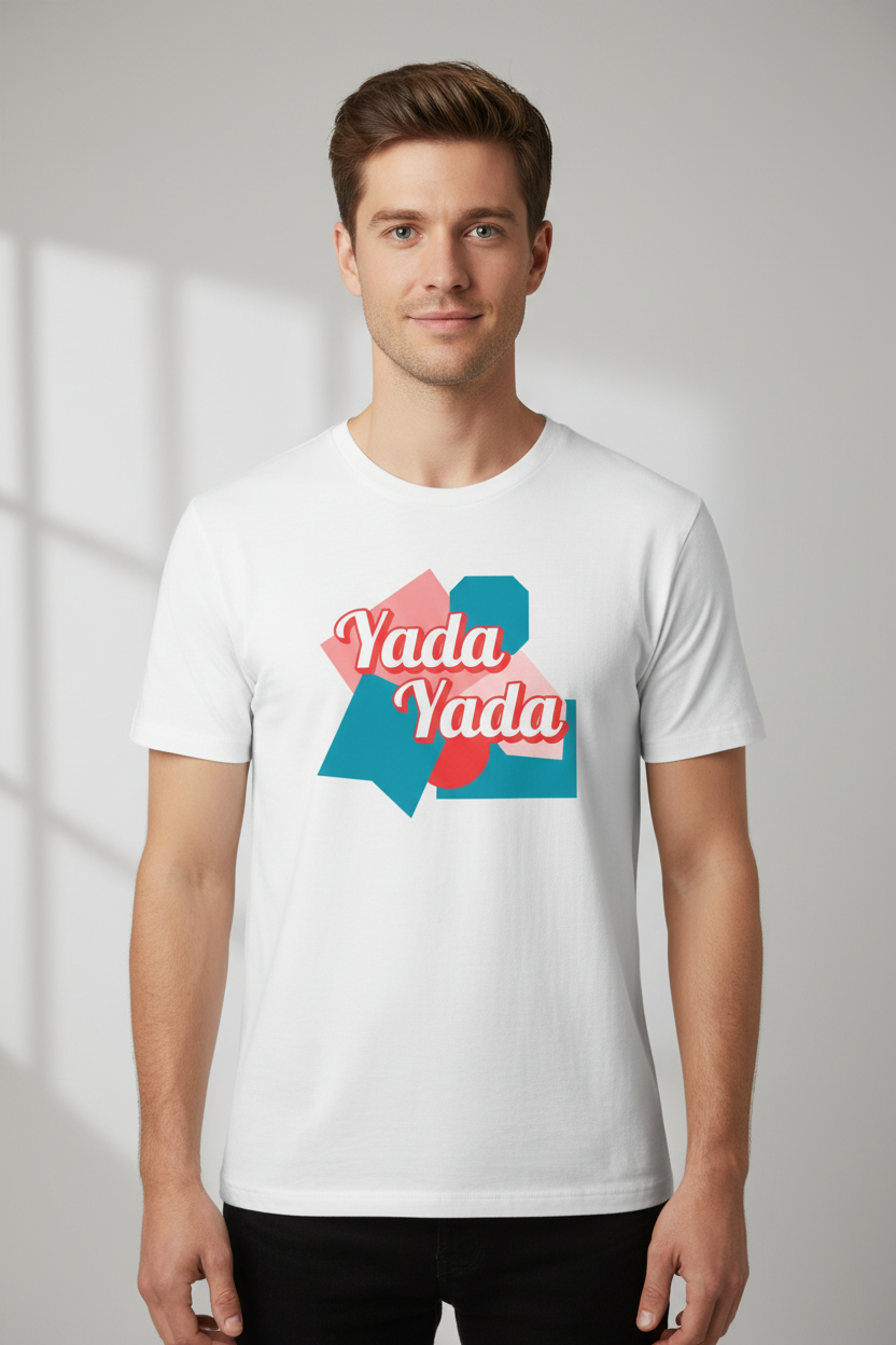 White unisex T-shirt by flyliving with "Yada Yada" text and abstract pink, teal, and red shapes, worn by a man.