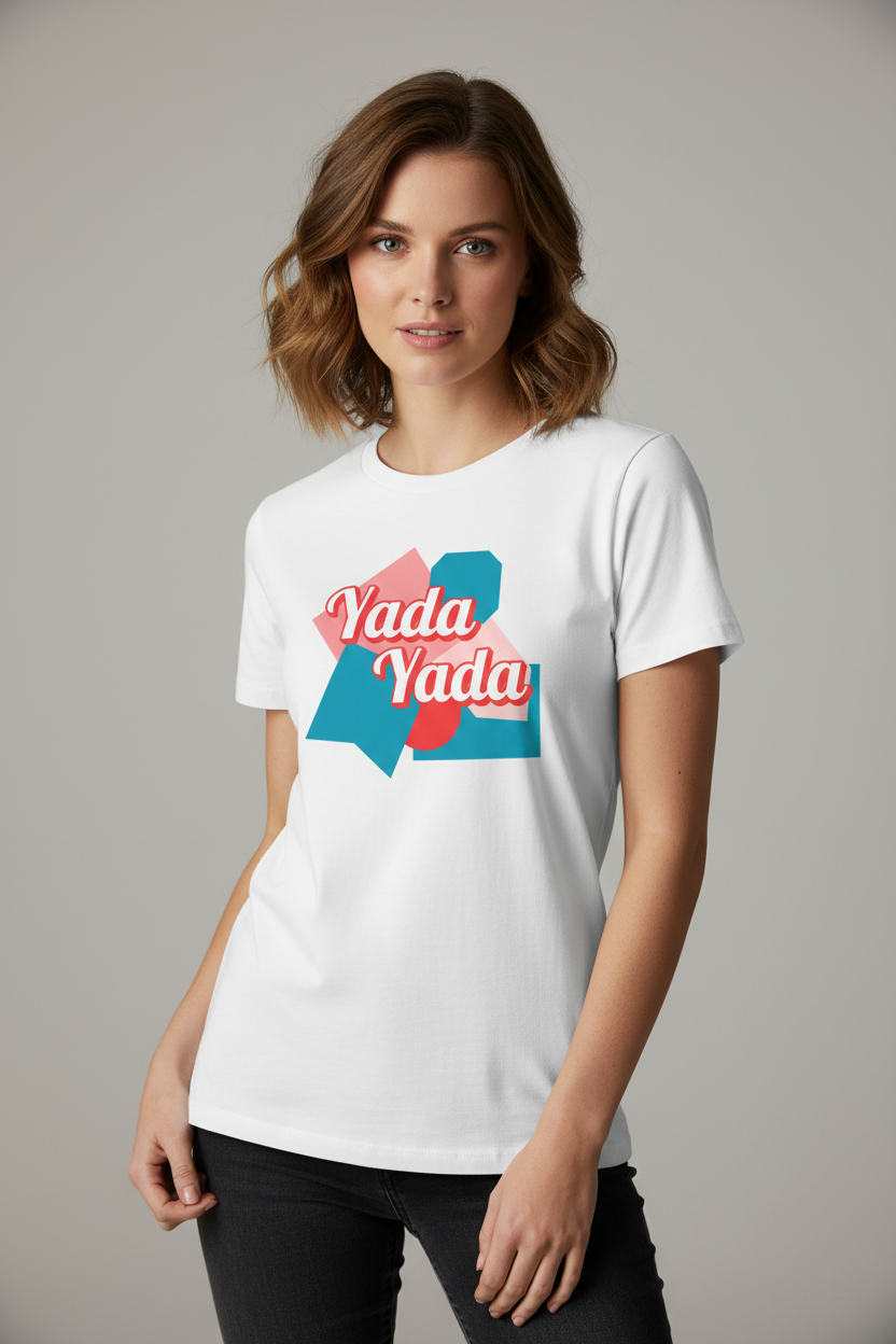 White short-sleeved unisex t-shirt by flyliving, featuring a red 'Yada Yada' graphic and geometric shapes.