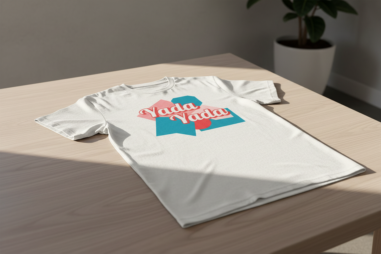 White unisex t-shirt by flyliving featuring a "Yada Yada" graphic in pink and red on teal and pink geometric shapes, laid flat on a wooden table.