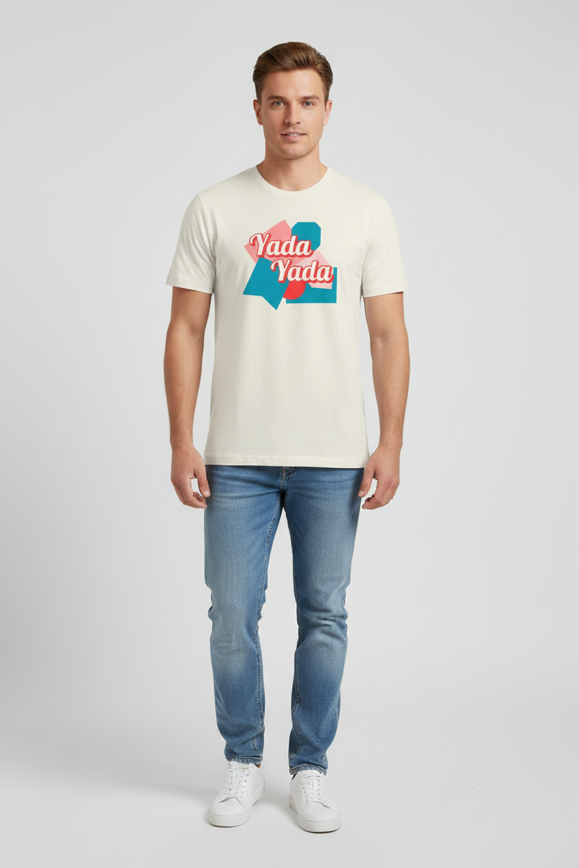 Cream T-shirt by flyliving, featuring a retro 'Yada Yada' graphic with red and blue-green shapes, styled on a man.