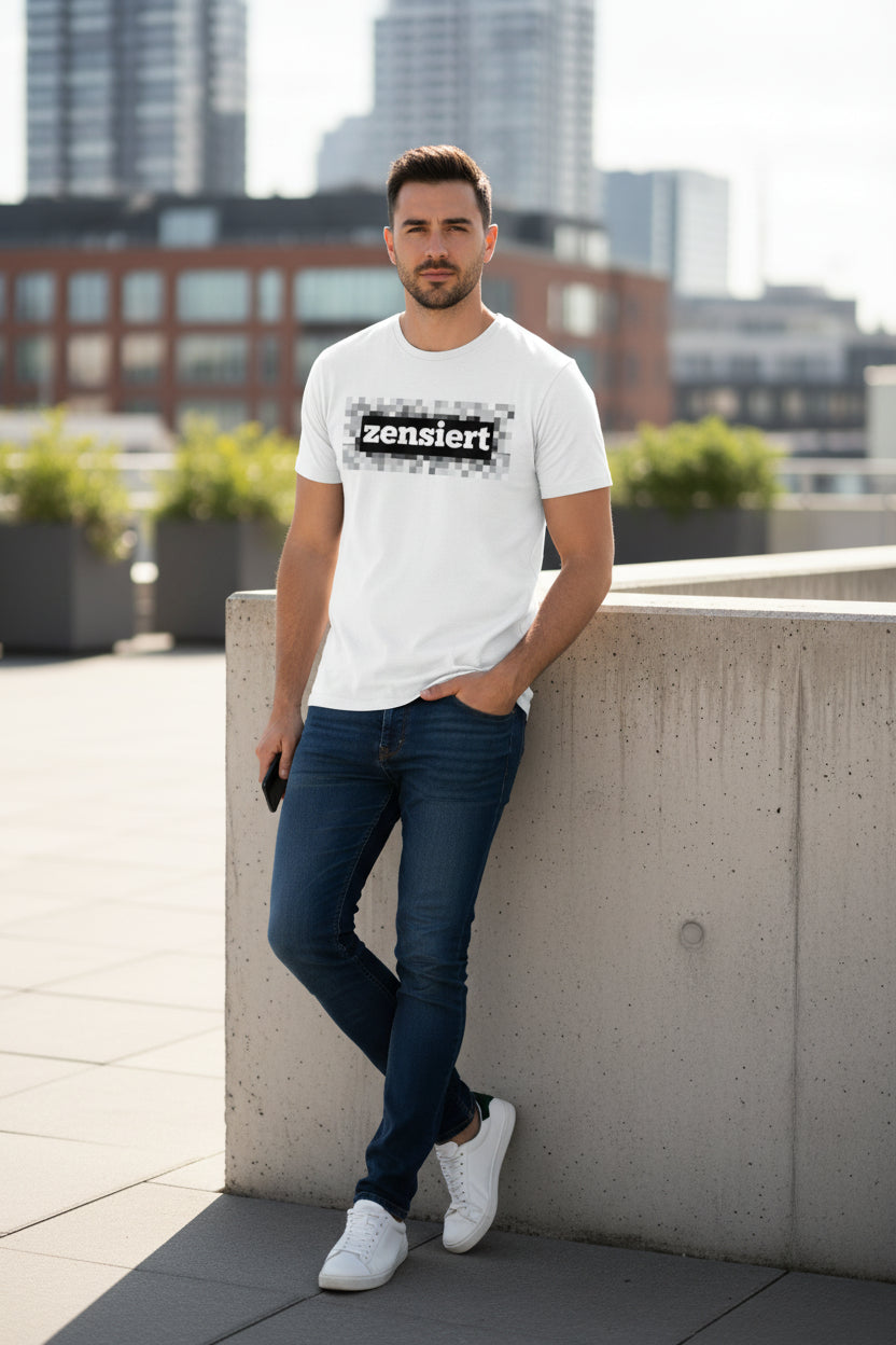 White 100% cotton unisex T-shirt by flyliving with 'zensiert' text on a pixelated block, worn by a man in blue jeans and white sneakers outdoors.