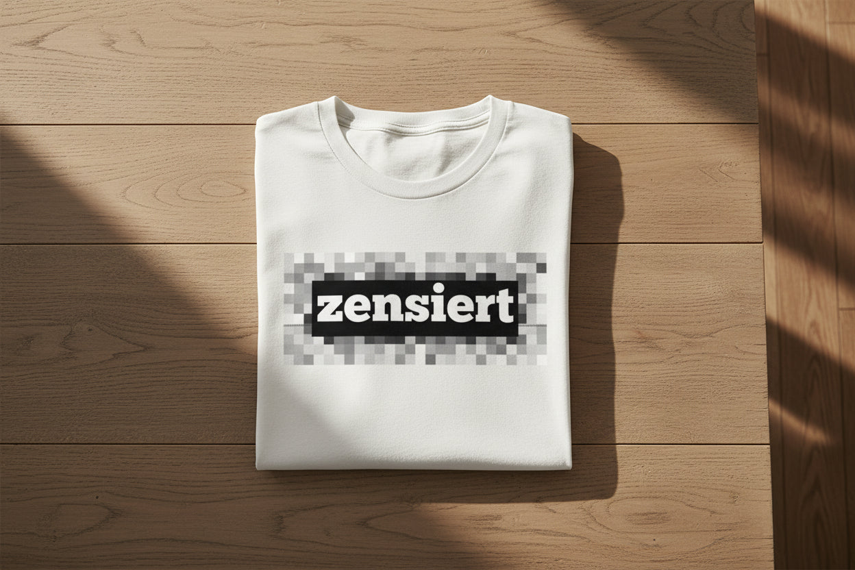 White cotton t-shirt by flyliving with "zensiert" text on a black bar and pixelated gray background, folded on wood.